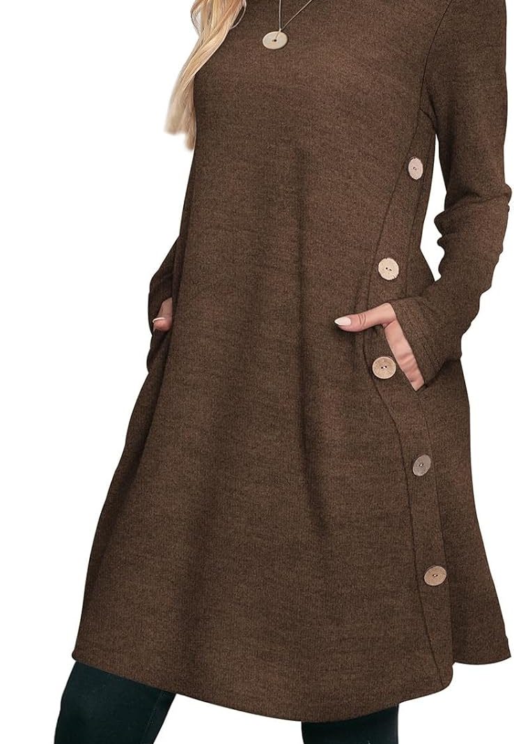 Long Sleeve Dress for Women Crew Neck Tunic Dress with Pockets Buttons Side
