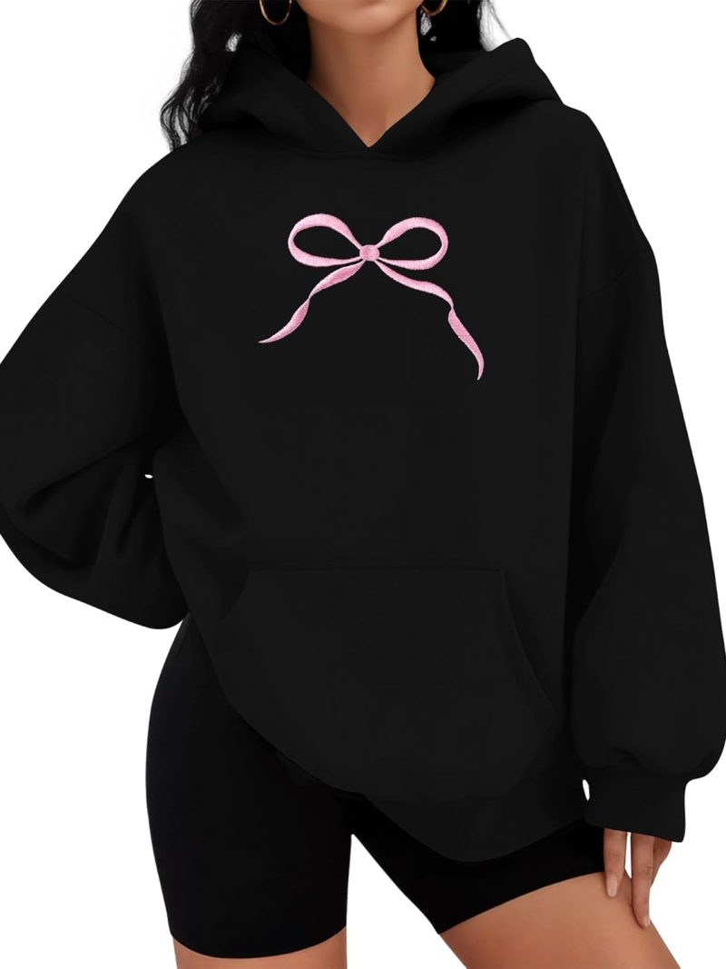 Oversized Bow Hoodie Cute Clean Girl Embroidered Sweatshirts Coquette Preppy Sweater Y2k Pullover Top Teen Girls