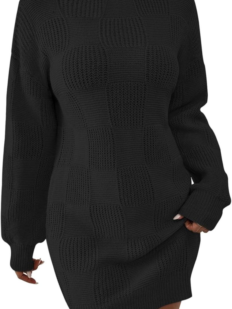 Women's Mock Neck Sweater Dress  Lantern Long Sleeve Loose Plaid Cocktail Party Knit Mini Dress Outfits