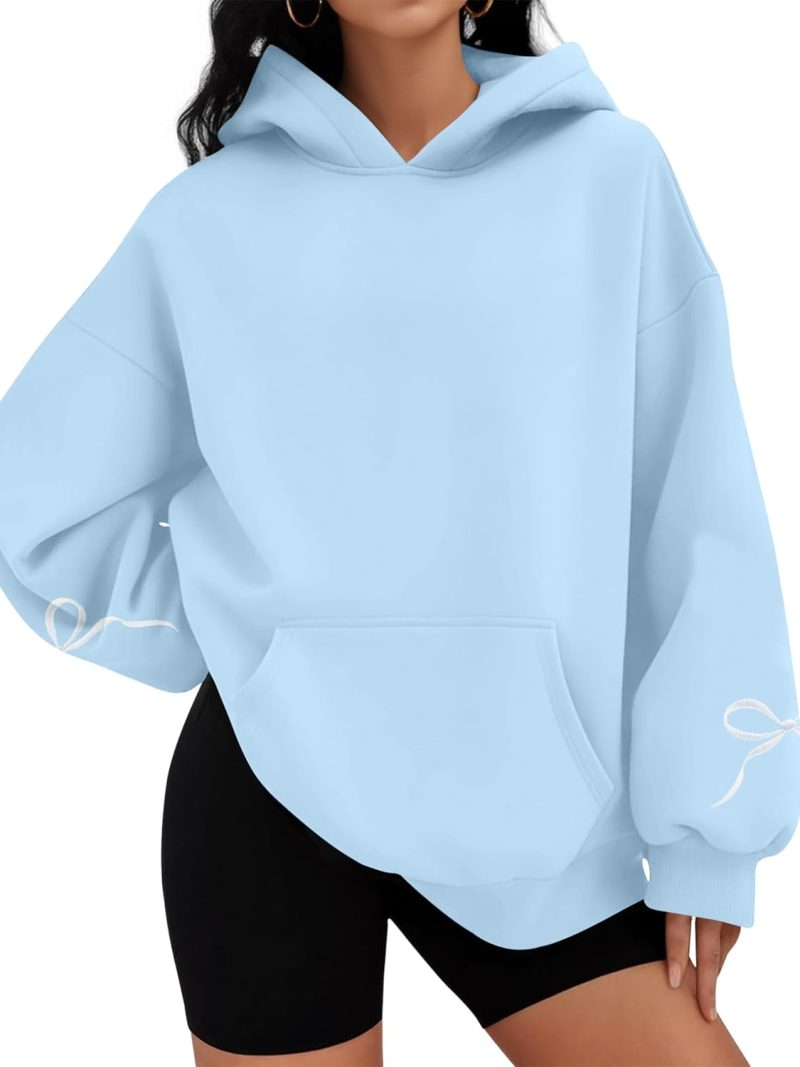 Oversized Bow Hoodie Cute Clean Girl Embroidered Sweatshirts Coquette Preppy Sweater Y2k Pullover Top Teen Girls