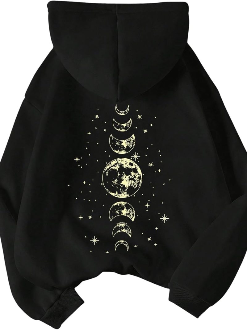 Women's Graphic Hoodies Drawstring Long Sleeve Moon Print Sweatshirt Pullover Fall Tops