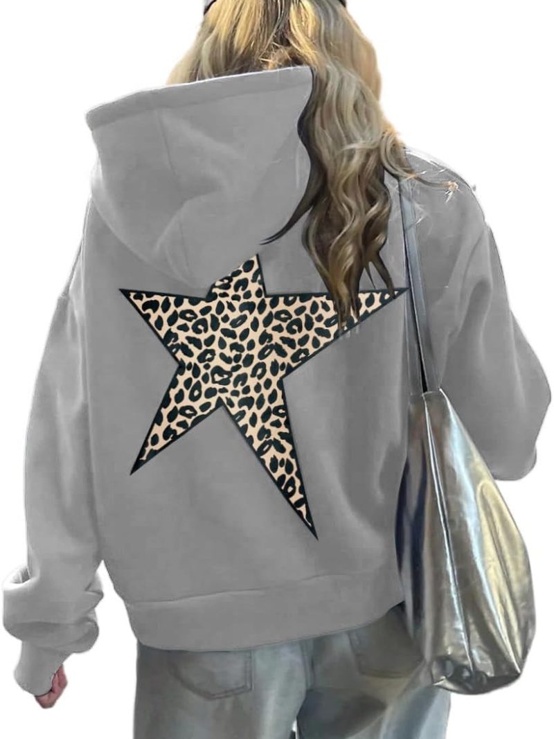 Hoodies for Womens Y2k Oversized Star Print Sweatshirts Aesthetic Cheetah Graphic Hooded Hoodie