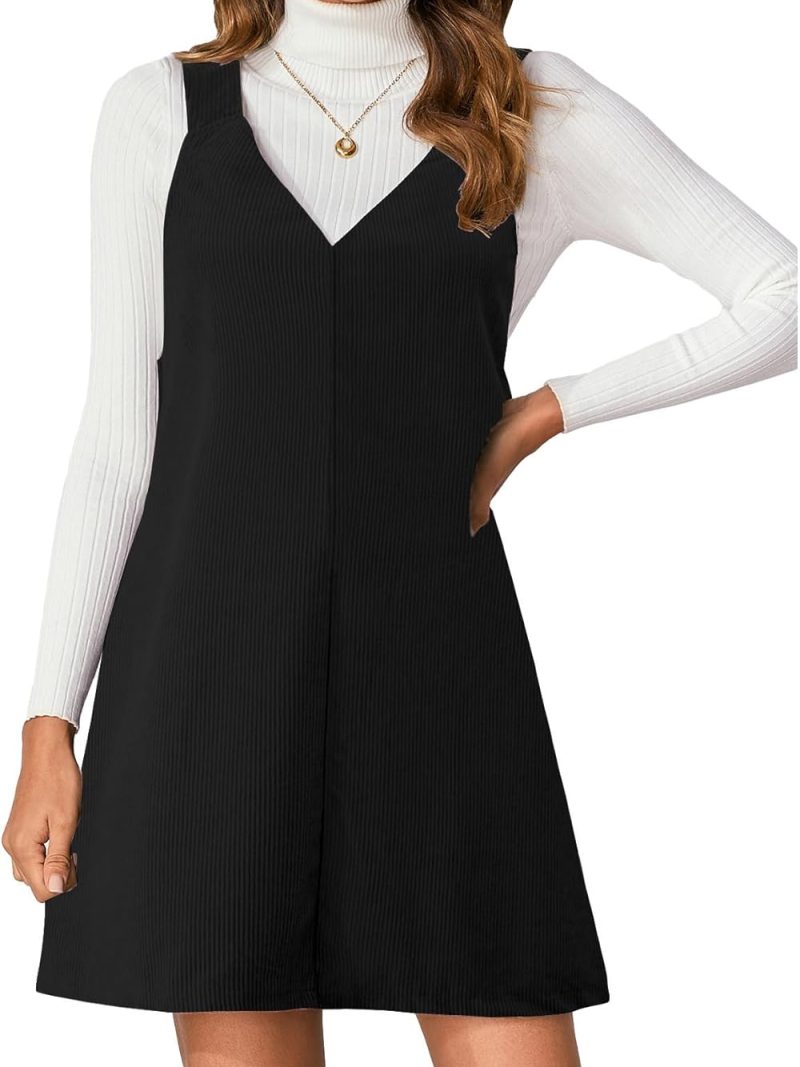 Women V Neck Corduroy Overall Dress  Fall Mini Pinafore Jumper Dress