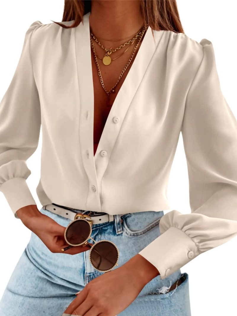 Women's Business Casual Tops Summer Long Sleeve Button Down Shirts V Neck Chiffon Blouses