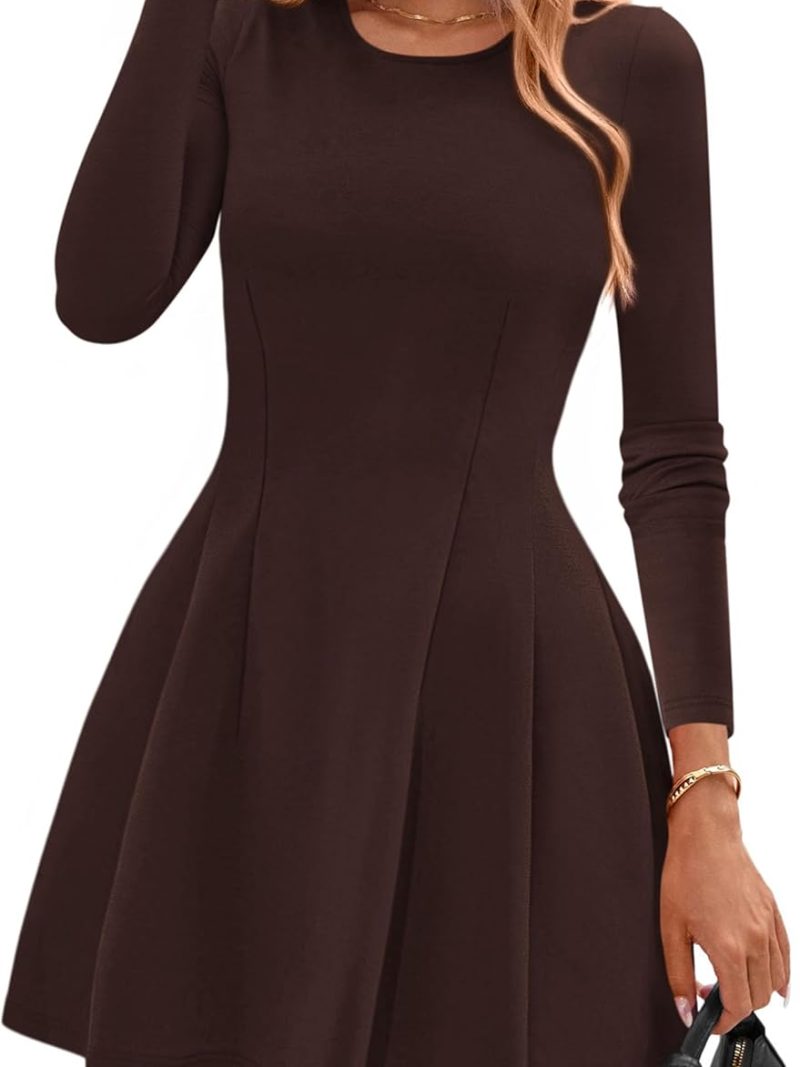 Long Sleeve Mini Dress for Women  Fall Crewneck Knit Pleated Babydoll A Line Soft Casual Short Party Dresses