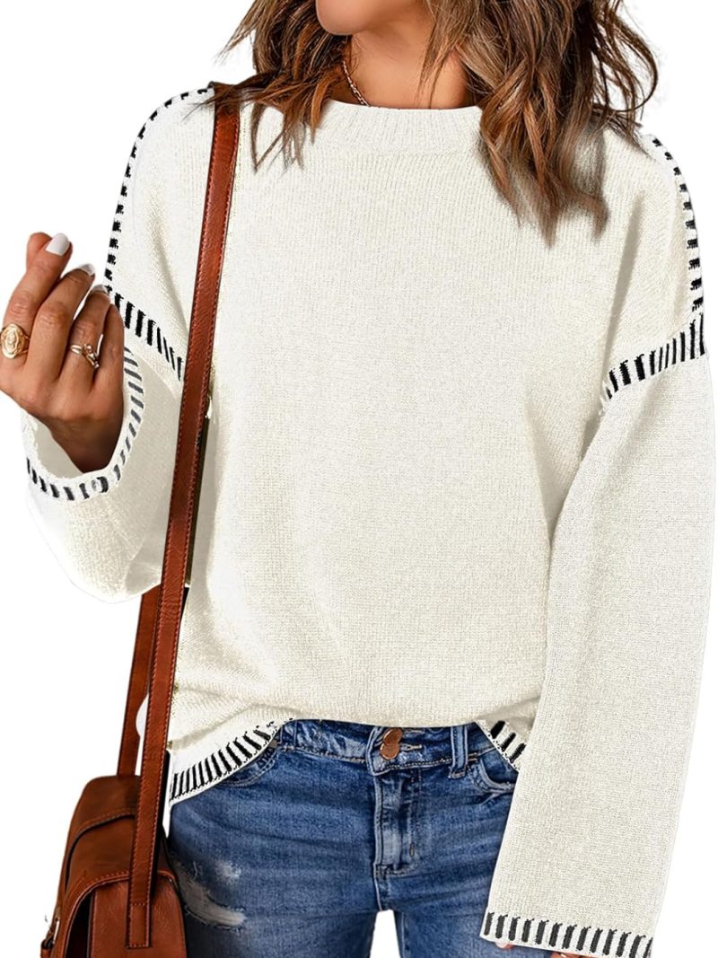 Sweaters for Women Fashion Solid Crewneck Loose Fit Long Sleeve Contrast Cable Knit Pullover Sweater Jumper Tops