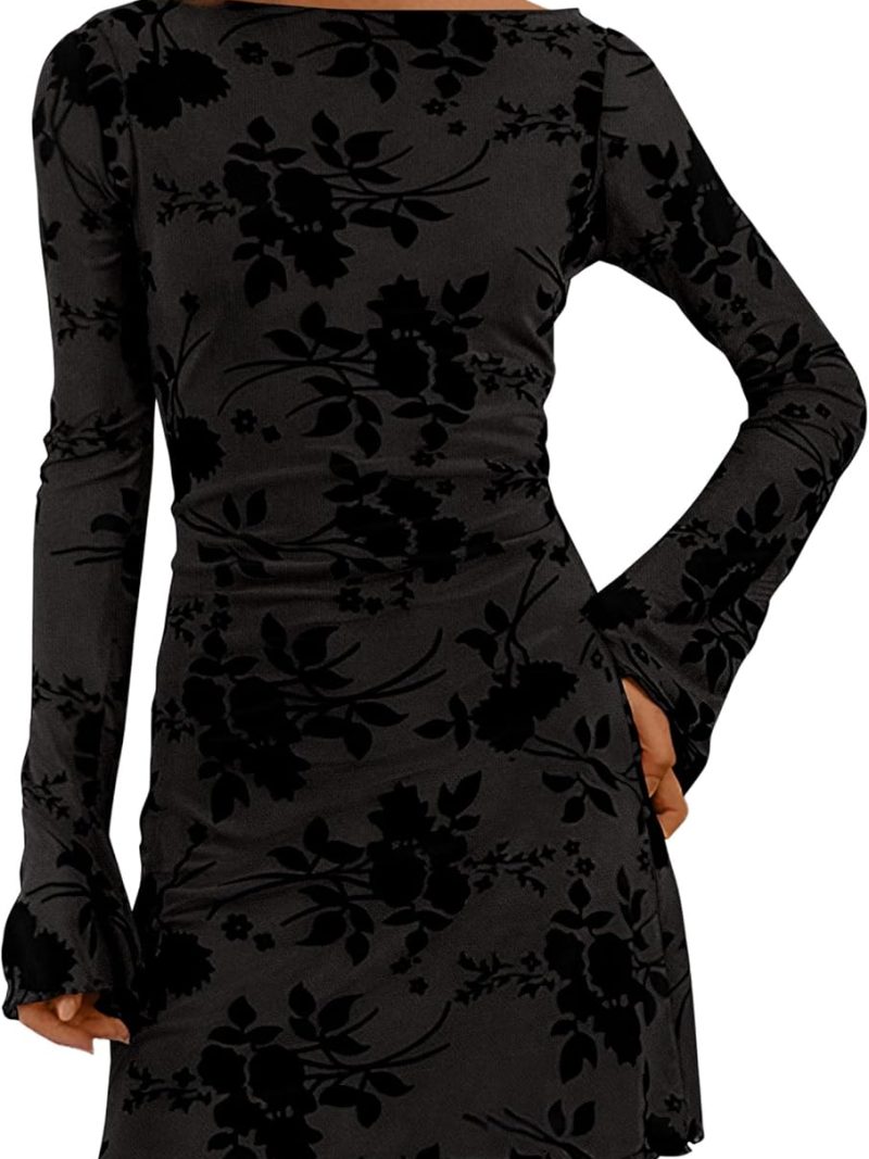 Women's  Fall Fashion Floral Long Sleeve Mini Dress Mesh Bodycon Short Party Date Night Going Out Dresses