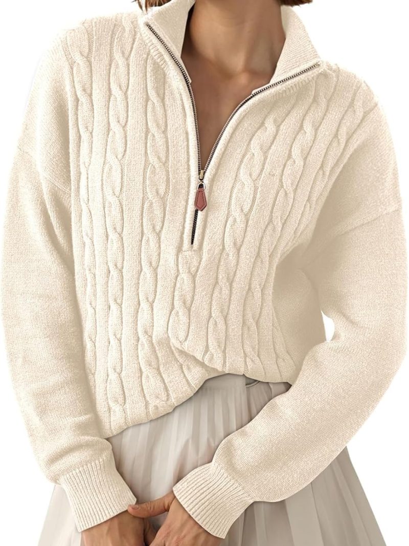 Women's Sweaters  Fall Winter Quarter Zip Casual Ribbed Knitwear Pullover