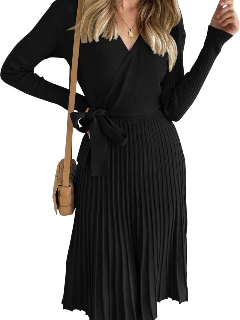 Women's Fall Long Sleeve Wrap V Neck Ribbed Knit Pleated A Line Pullover Sweater Dress with Belt