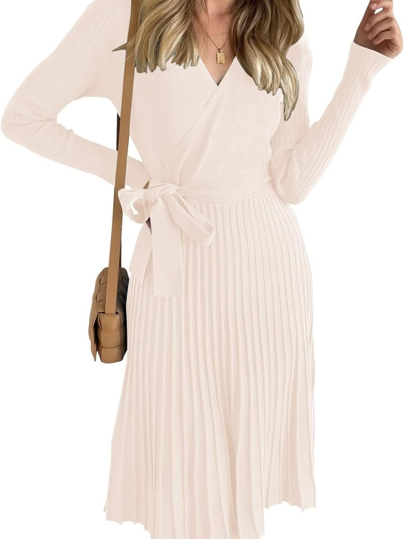Women's Fall Long Sleeve Wrap V Neck Ribbed Knit Pleated A Line Pullover Sweater Dress with Belt