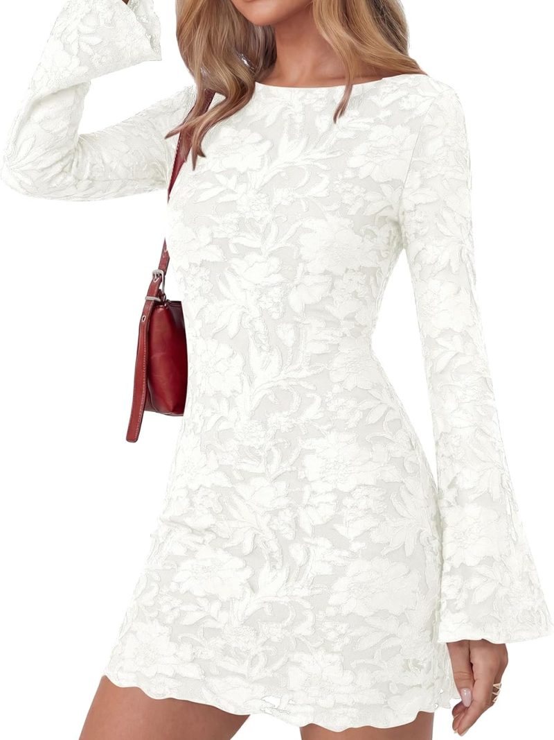 Women's  Fall Fashion Floral Long Sleeve Mini Dress Mesh Bodycon Short Party Date Night Going Out Dresses