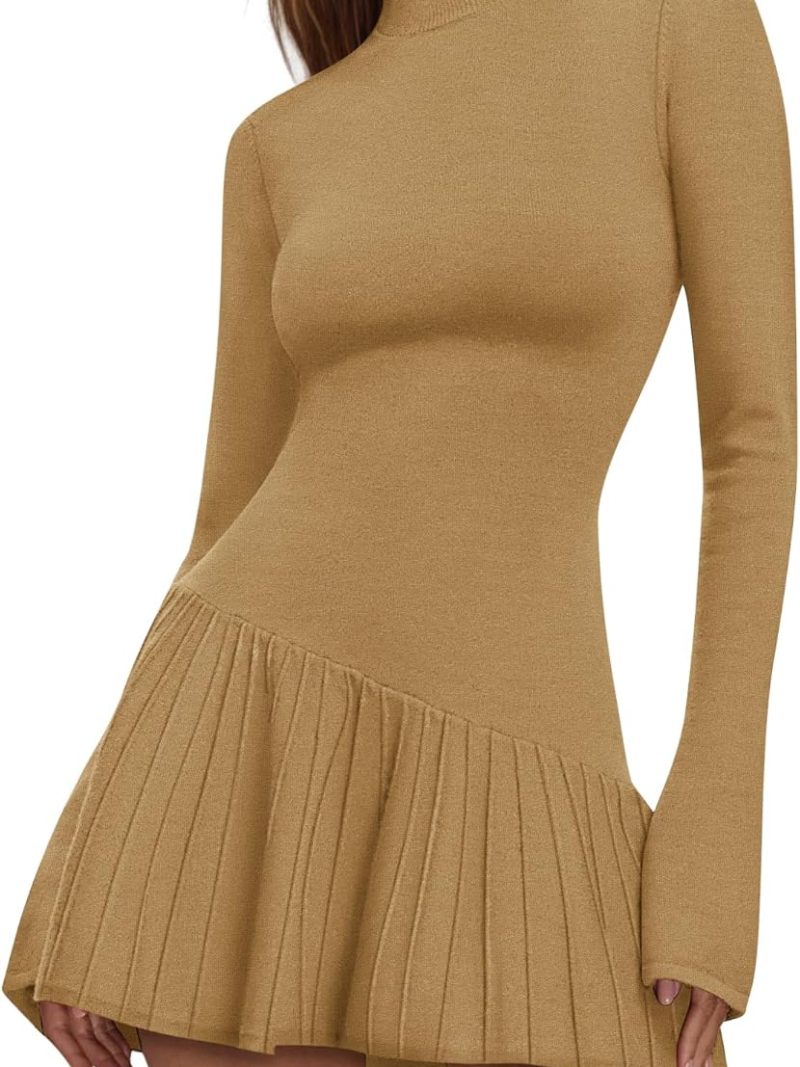 Women's Sweater Dress Crochet Ribbed Knit Ruffle Hem Flared Long Sleeve Mock Neck Mini Dress