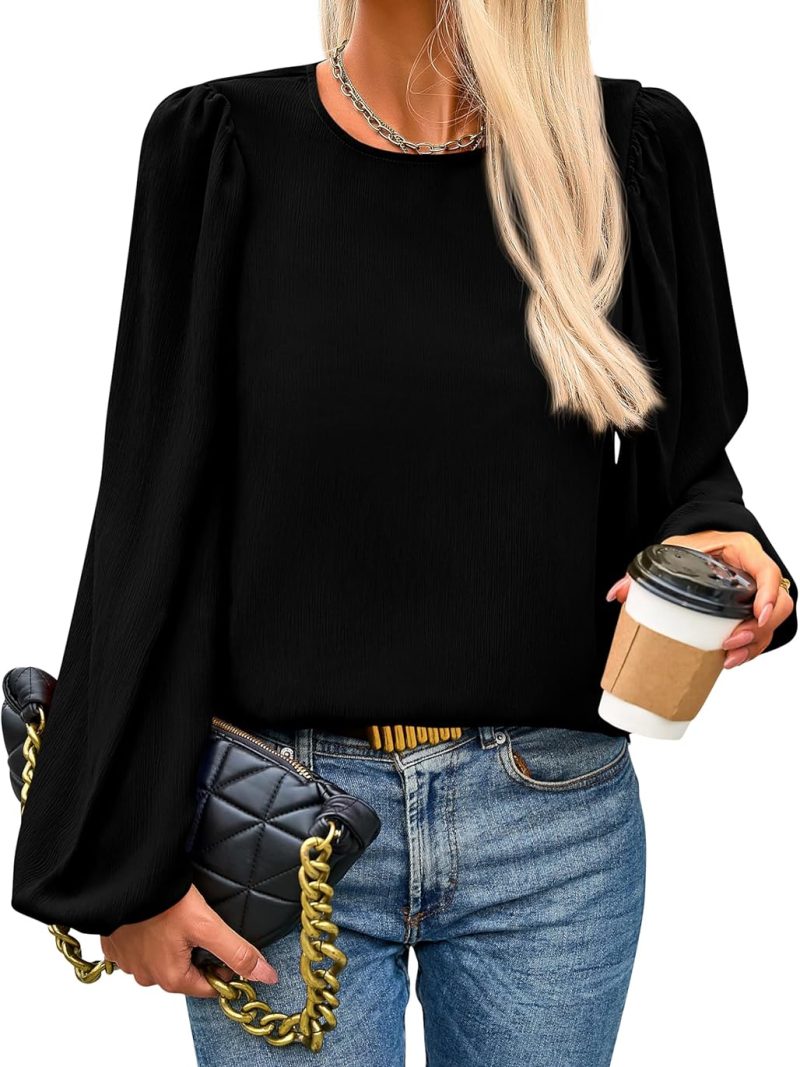 Womens Tops  Spring Puff Long Sleeve Chiffon Work Blouses Dressy Casual Crewneck Flowy Shirts Fall Outfits
