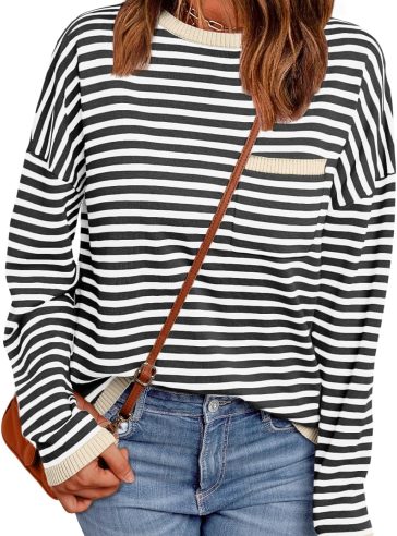 Womens Striped Soft Knit Pullover Sweater Loose Fit Shirts with Chest Pocket
