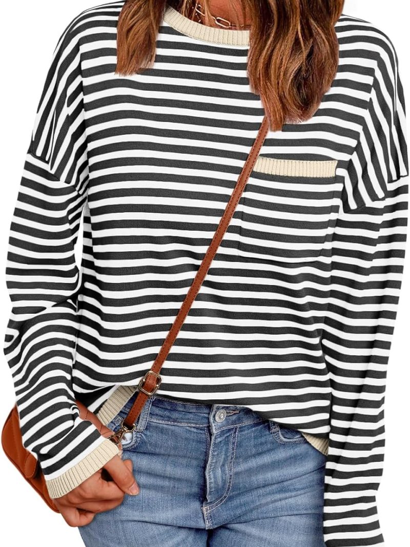 Womens Striped Soft Knit Pullover Sweater Loose Fit Shirts with Chest Pocket