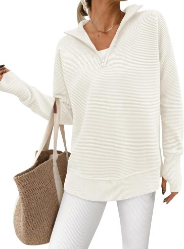 Womens Long Sleeve Quarter Zip Pullover Sweater Casual Loose V Neck Collared Ribbed Knit Jumper Tops Thumb Hole