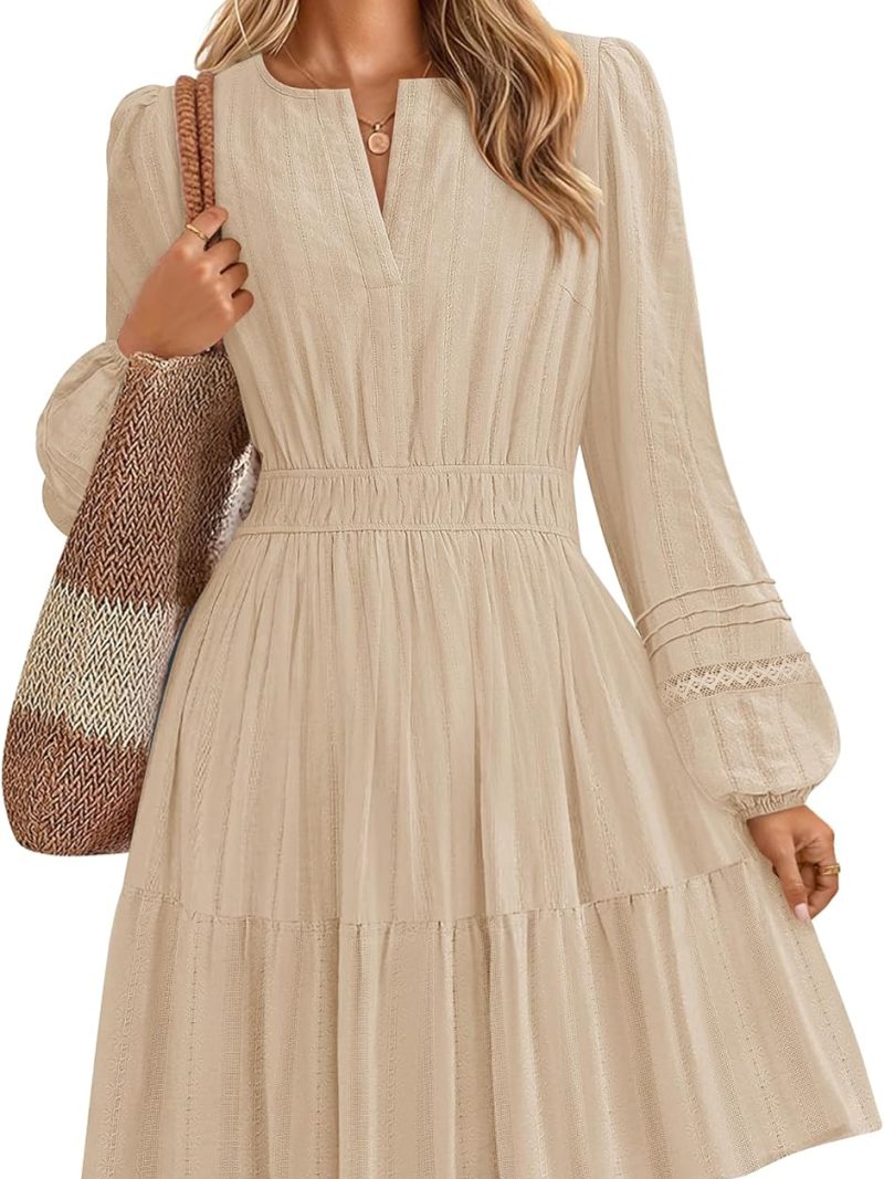 Long Sleeve V Neck Mini Dresses for Women  Fall High Waist Ruffle Pleated A Line Cocktail Party Short Dress