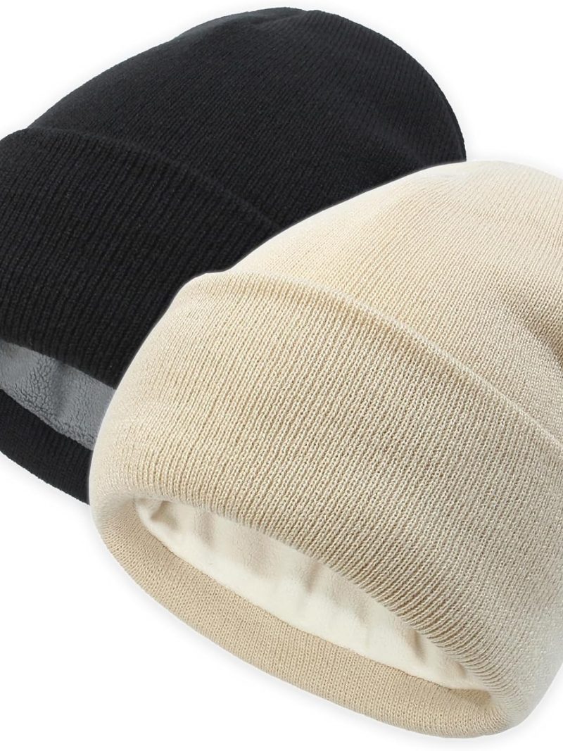 2pcs Unisex Winter Fleece Lining Hat for Men Women Knitted Cuffed Hat Warm Ski Beanie Cap