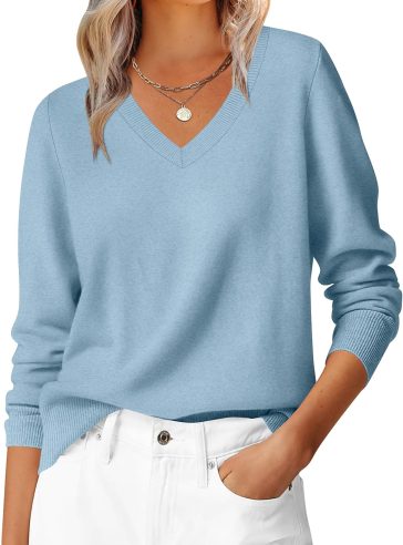 Womens Long Sleeve V Neck Sweaters  Fall Casual Classic Soft Loose Fit Basic Pullover Jumper Top